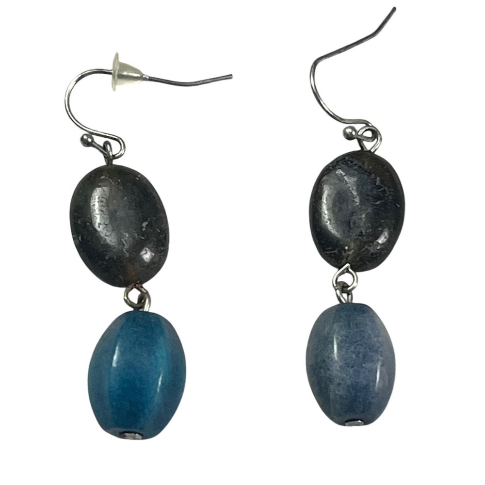 Blue Grey Natural Stone Oval Bead Drop Earrings Silver Tone Boho Artisan Hooks